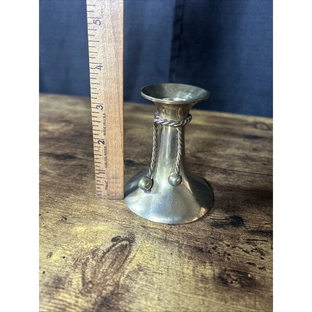 Brass Candlestick Candle Holder Corded Twisted Rope & Ball Detail 3.5” Vtg India